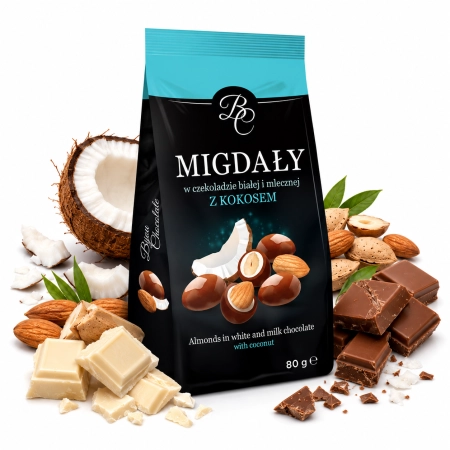 Migdały w czekoladzie mlecznej i białej z kokosem 80g